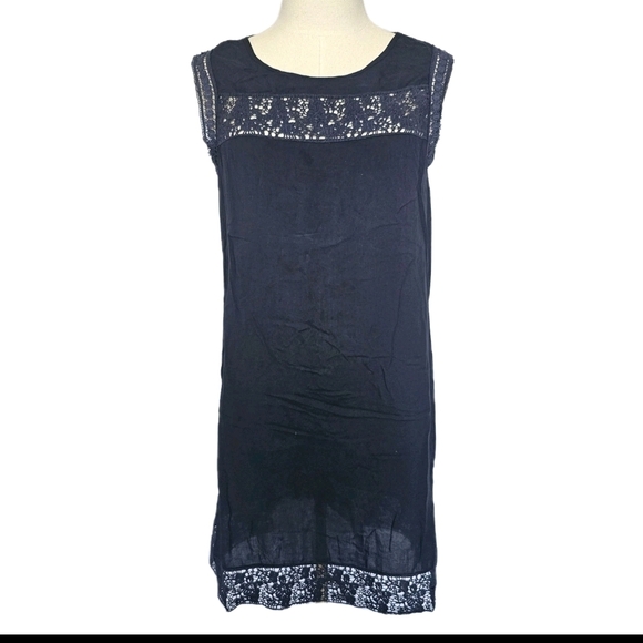 Lulu's Sleeveless Shift Navy Blue Cotton Blend Lace Accents Summer Short Dress M - Picture 1 of 11